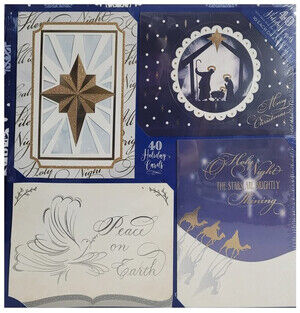 40 Religious Christmas Holiday Cards with Self-Seal Envelopes - 4 Designs